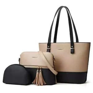 Viva 3 in 1 Tote Handbag For Women- Black & Beige