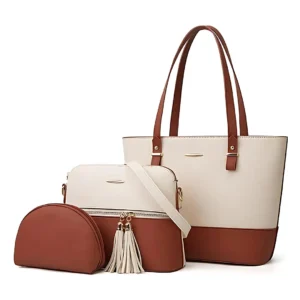 Viva 3 in 1 Tote Handbag For Women- Mustrad Brown& White